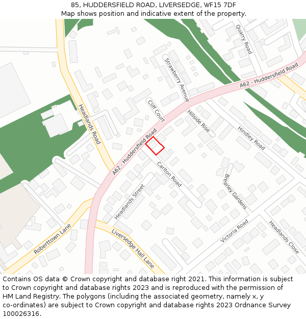 85, HUDDERSFIELD ROAD, LIVERSEDGE, WF15 7DF: Location map and indicative extent of plot