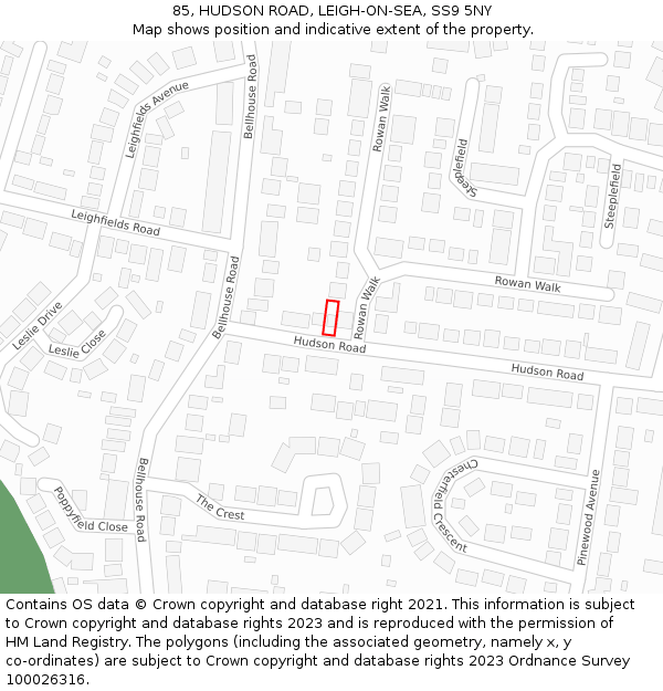 85, HUDSON ROAD, LEIGH-ON-SEA, SS9 5NY: Location map and indicative extent of plot
