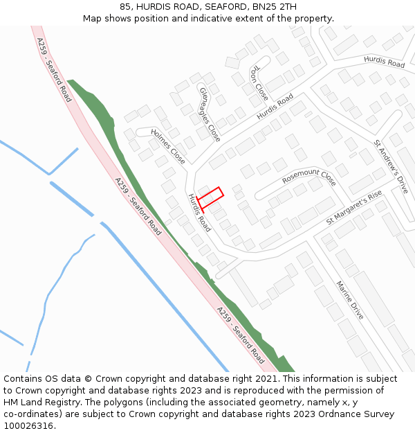 85, HURDIS ROAD, SEAFORD, BN25 2TH: Location map and indicative extent of plot