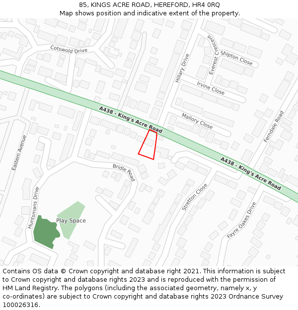 85, KINGS ACRE ROAD, HEREFORD, HR4 0RQ: Location map and indicative extent of plot