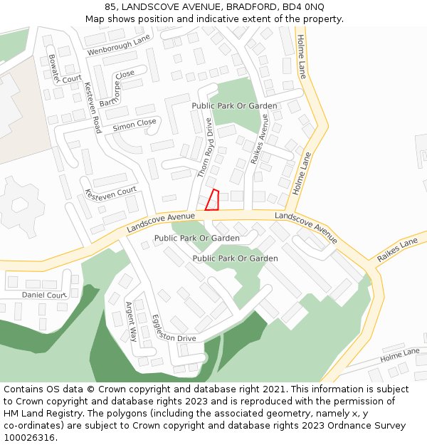 85, LANDSCOVE AVENUE, BRADFORD, BD4 0NQ: Location map and indicative extent of plot