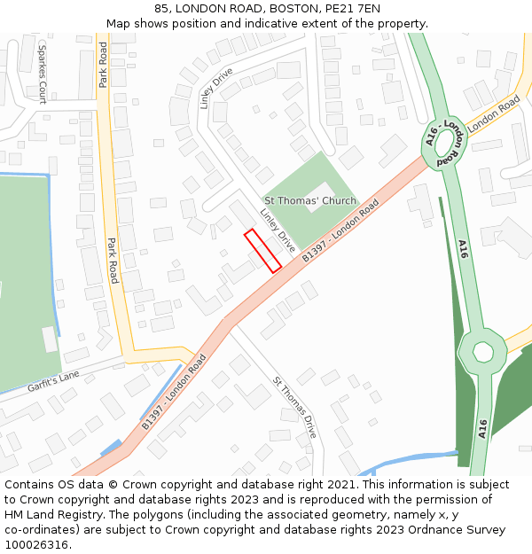 85, LONDON ROAD, BOSTON, PE21 7EN: Location map and indicative extent of plot
