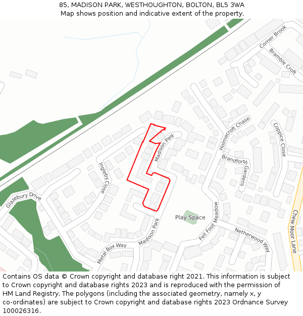 85, MADISON PARK, WESTHOUGHTON, BOLTON, BL5 3WA: Location map and indicative extent of plot