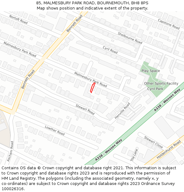 85, MALMESBURY PARK ROAD, BOURNEMOUTH, BH8 8PS: Location map and indicative extent of plot