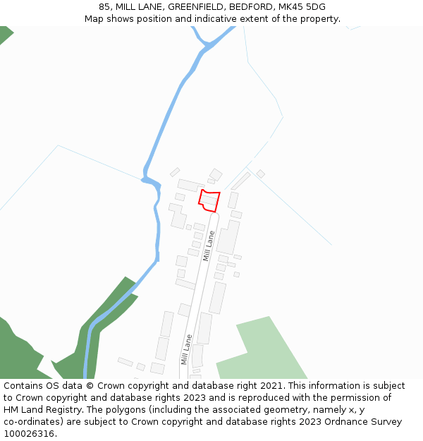 85, MILL LANE, GREENFIELD, BEDFORD, MK45 5DG: Location map and indicative extent of plot
