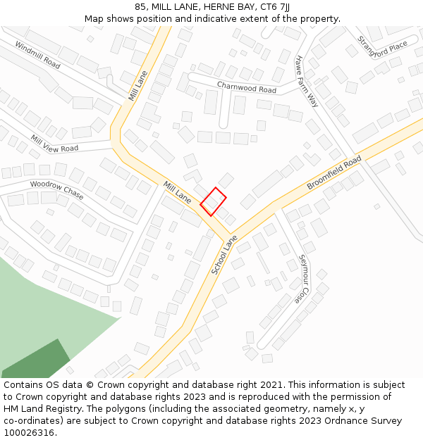 85, MILL LANE, HERNE BAY, CT6 7JJ: Location map and indicative extent of plot