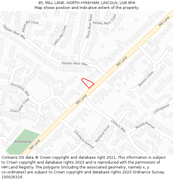 85, MILL LANE, NORTH HYKEHAM, LINCOLN, LN6 9PA: Location map and indicative extent of plot