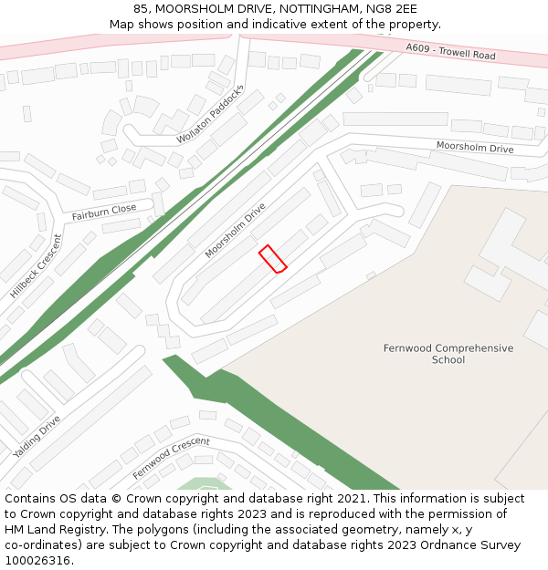 85, MOORSHOLM DRIVE, NOTTINGHAM, NG8 2EE: Location map and indicative extent of plot