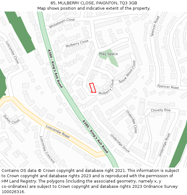 85, MULBERRY CLOSE, PAIGNTON, TQ3 3GB: Location map and indicative extent of plot