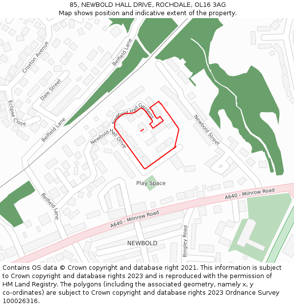85, NEWBOLD HALL DRIVE, ROCHDALE, OL16 3AG: Location map and indicative extent of plot
