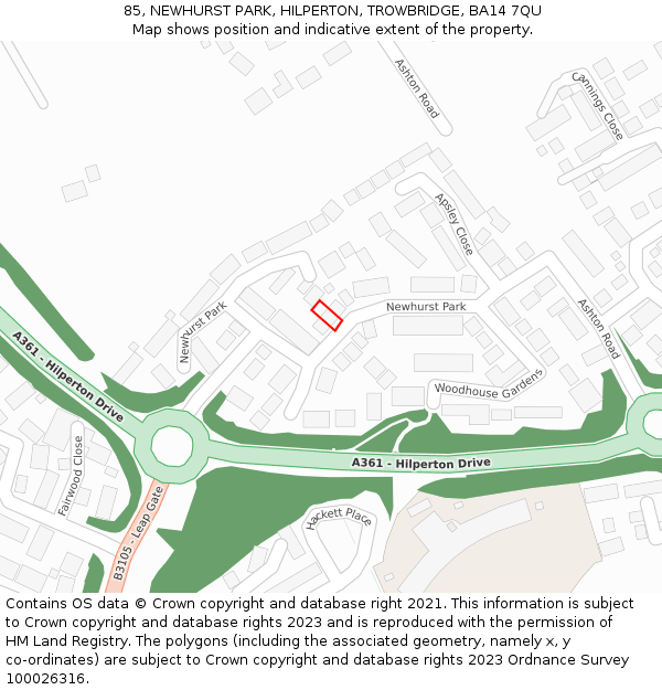85, NEWHURST PARK, HILPERTON, TROWBRIDGE, BA14 7QU: Location map and indicative extent of plot