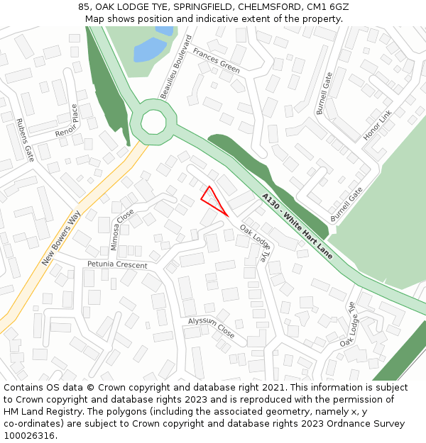 85, OAK LODGE TYE, SPRINGFIELD, CHELMSFORD, CM1 6GZ: Location map and indicative extent of plot