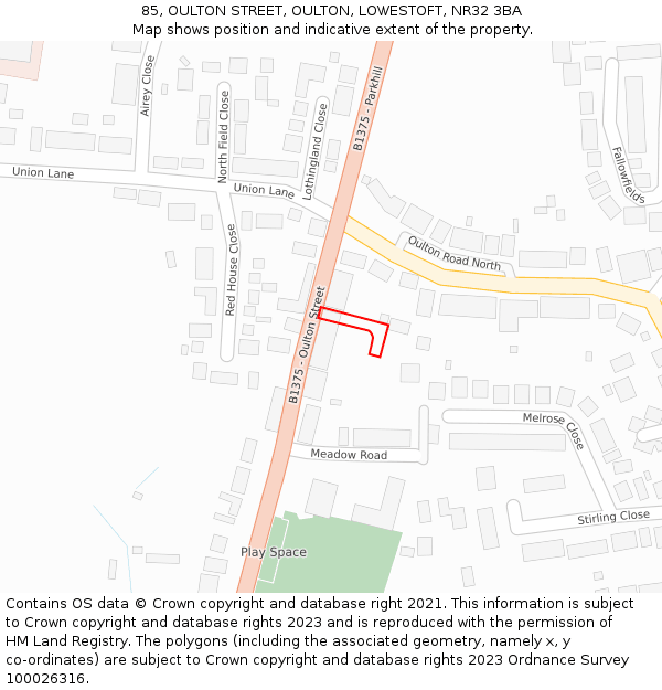 85, OULTON STREET, OULTON, LOWESTOFT, NR32 3BA: Location map and indicative extent of plot