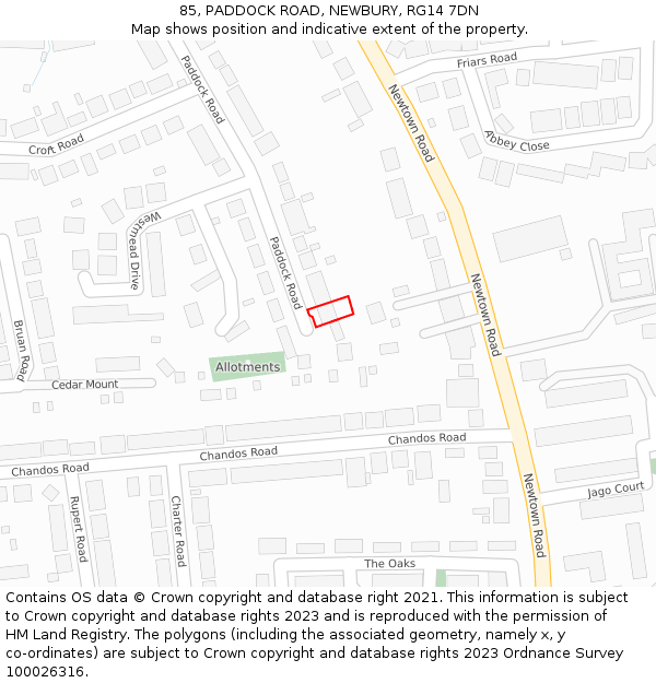 85, PADDOCK ROAD, NEWBURY, RG14 7DN: Location map and indicative extent of plot