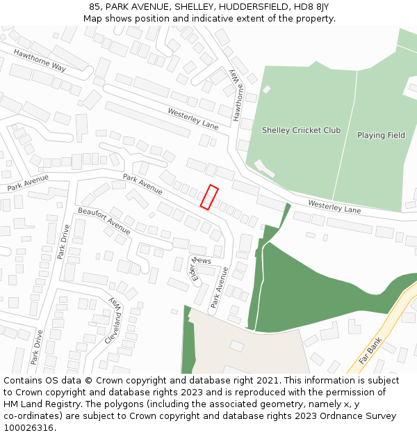 85, PARK AVENUE, SHELLEY, HUDDERSFIELD, HD8 8JY: Location map and indicative extent of plot