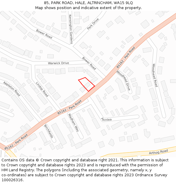 85, PARK ROAD, HALE, ALTRINCHAM, WA15 9LQ: Location map and indicative extent of plot