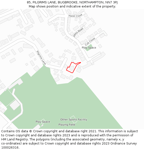 85, PILGRIMS LANE, BUGBROOKE, NORTHAMPTON, NN7 3PJ: Location map and indicative extent of plot