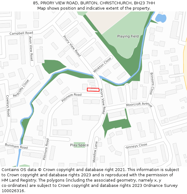 85, PRIORY VIEW ROAD, BURTON, CHRISTCHURCH, BH23 7HH: Location map and indicative extent of plot