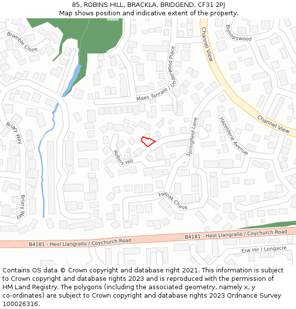 85, ROBINS HILL, BRACKLA, BRIDGEND, CF31 2PJ: Location map and indicative extent of plot
