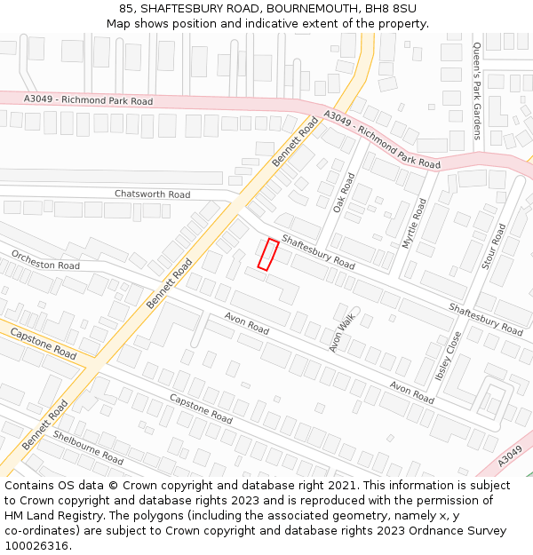 85, SHAFTESBURY ROAD, BOURNEMOUTH, BH8 8SU: Location map and indicative extent of plot