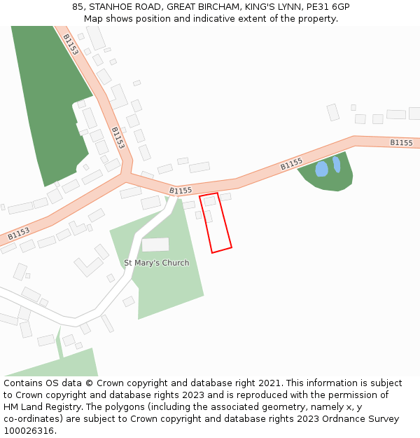 85, STANHOE ROAD, GREAT BIRCHAM, KING'S LYNN, PE31 6GP: Location map and indicative extent of plot