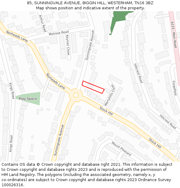 85, SUNNINGVALE AVENUE, BIGGIN HILL, WESTERHAM, TN16 3BZ: Location map and indicative extent of plot