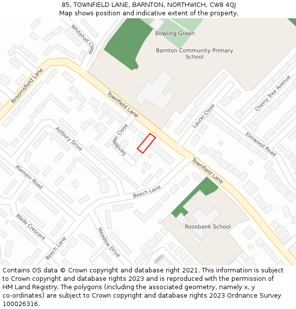 85, TOWNFIELD LANE, BARNTON, NORTHWICH, CW8 4QJ: Location map and indicative extent of plot