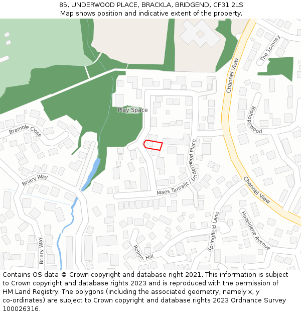 85, UNDERWOOD PLACE, BRACKLA, BRIDGEND, CF31 2LS: Location map and indicative extent of plot