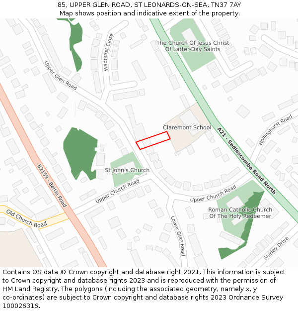 85, UPPER GLEN ROAD, ST LEONARDS-ON-SEA, TN37 7AY: Location map and indicative extent of plot