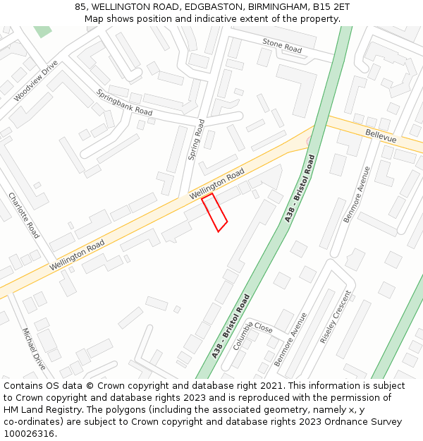 85, WELLINGTON ROAD, EDGBASTON, BIRMINGHAM, B15 2ET: Location map and indicative extent of plot