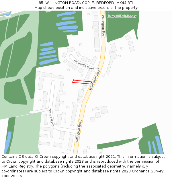 85, WILLINGTON ROAD, COPLE, BEDFORD, MK44 3TL: Location map and indicative extent of plot