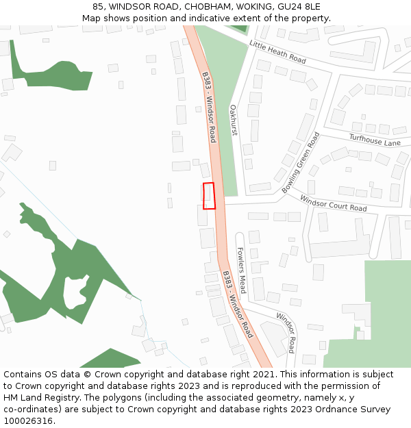 85, WINDSOR ROAD, CHOBHAM, WOKING, GU24 8LE: Location map and indicative extent of plot