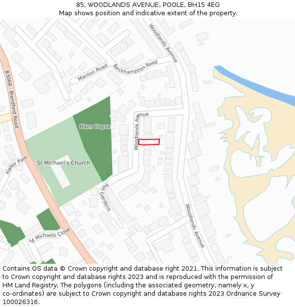 85, WOODLANDS AVENUE, POOLE, BH15 4EG: Location map and indicative extent of plot