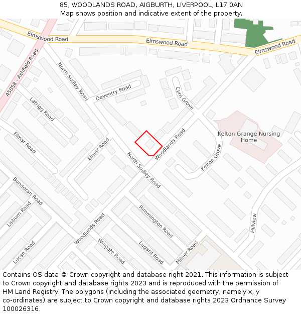 85, WOODLANDS ROAD, AIGBURTH, LIVERPOOL, L17 0AN: Location map and indicative extent of plot