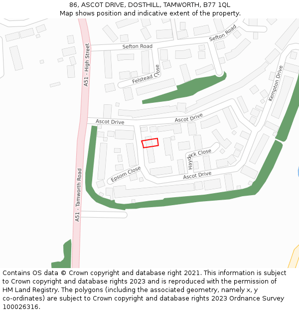 86, ASCOT DRIVE, DOSTHILL, TAMWORTH, B77 1QL: Location map and indicative extent of plot