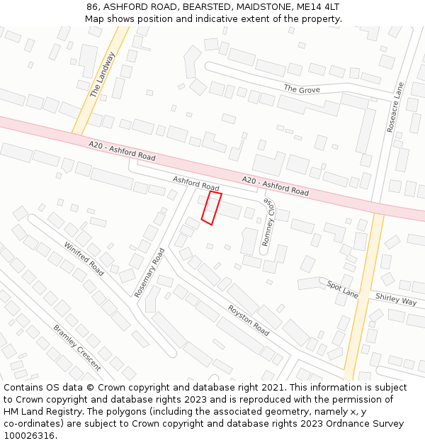 86, ASHFORD ROAD, BEARSTED, MAIDSTONE, ME14 4LT: Location map and indicative extent of plot