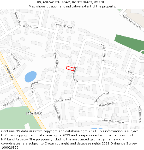 86, ASHWORTH ROAD, PONTEFRACT, WF8 2UL: Location map and indicative extent of plot
