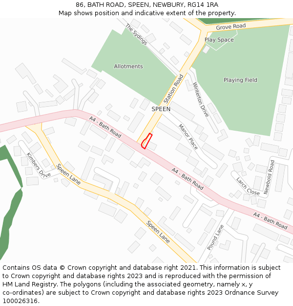 86, BATH ROAD, SPEEN, NEWBURY, RG14 1RA: Location map and indicative extent of plot