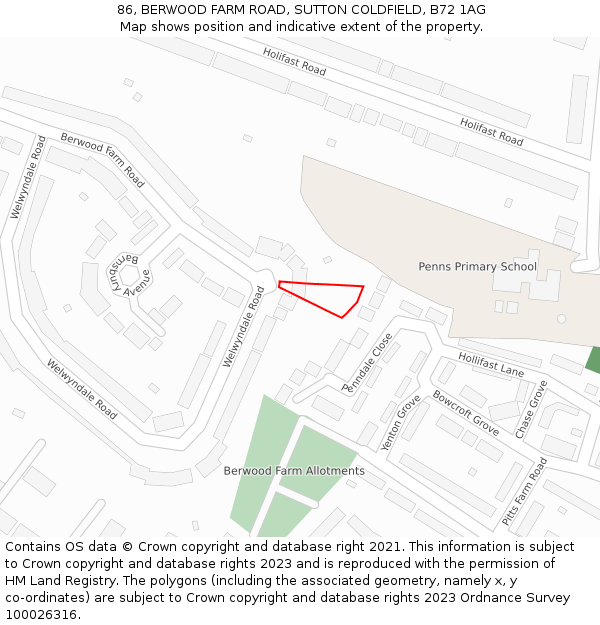 86, BERWOOD FARM ROAD, SUTTON COLDFIELD, B72 1AG: Location map and indicative extent of plot