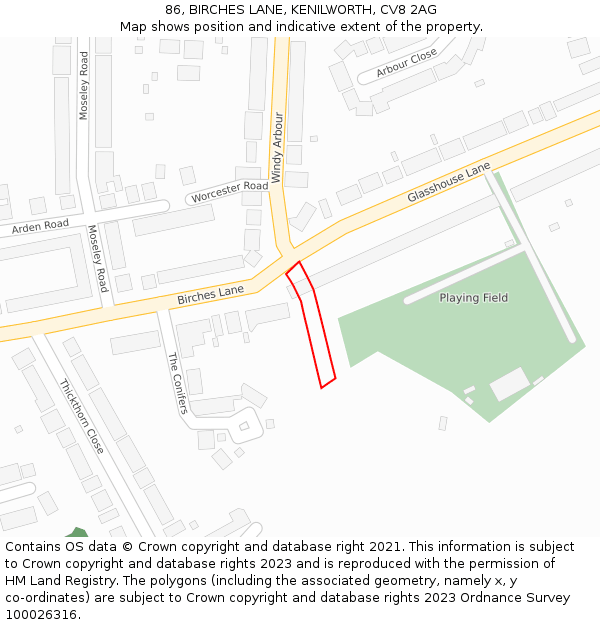 86, BIRCHES LANE, KENILWORTH, CV8 2AG: Location map and indicative extent of plot