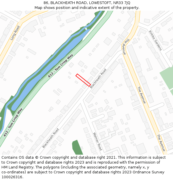 86, BLACKHEATH ROAD, LOWESTOFT, NR33 7JQ: Location map and indicative extent of plot