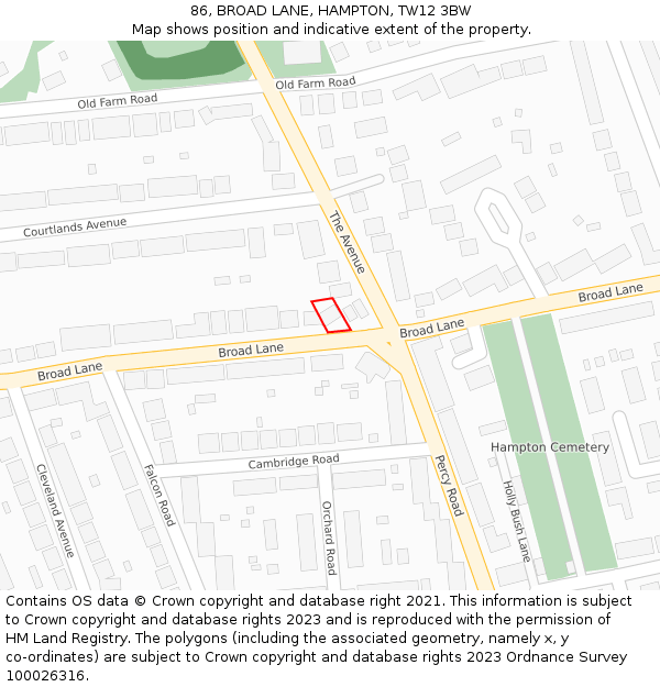 86, BROAD LANE, HAMPTON, TW12 3BW: Location map and indicative extent of plot