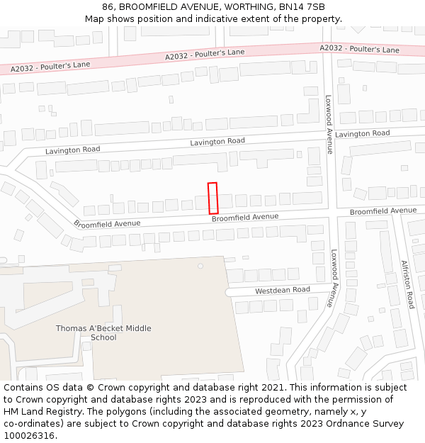 86, BROOMFIELD AVENUE, WORTHING, BN14 7SB: Location map and indicative extent of plot