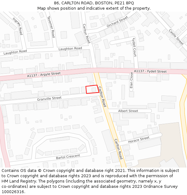 86, CARLTON ROAD, BOSTON, PE21 8PQ: Location map and indicative extent of plot
