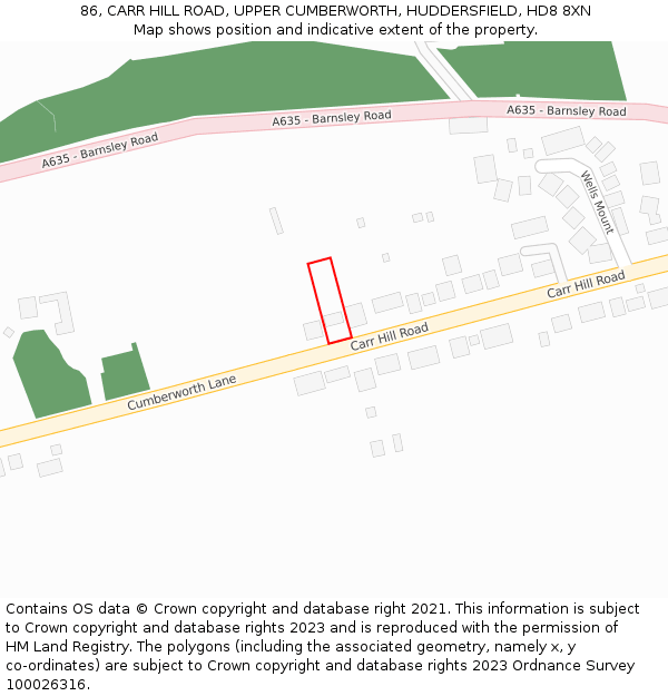 86, CARR HILL ROAD, UPPER CUMBERWORTH, HUDDERSFIELD, HD8 8XN: Location map and indicative extent of plot