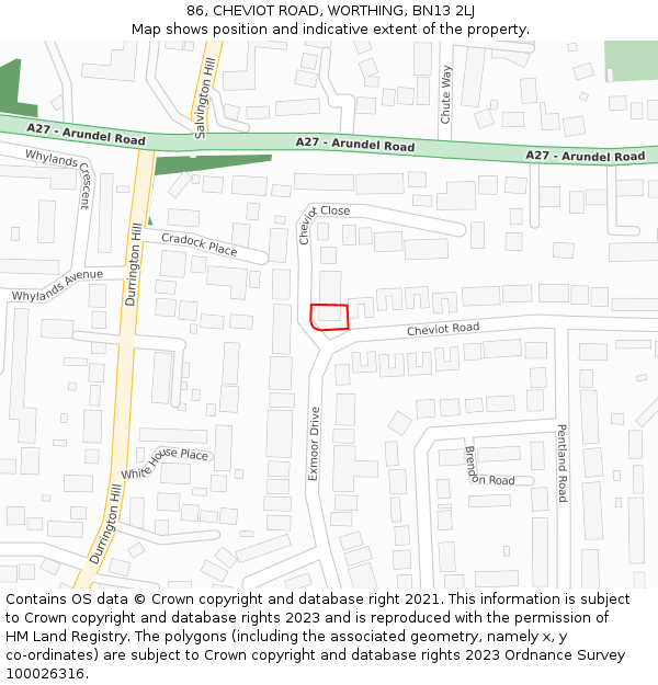 86, CHEVIOT ROAD, WORTHING, BN13 2LJ: Location map and indicative extent of plot