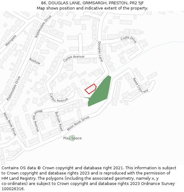 86, DOUGLAS LANE, GRIMSARGH, PRESTON, PR2 5JF: Location map and indicative extent of plot