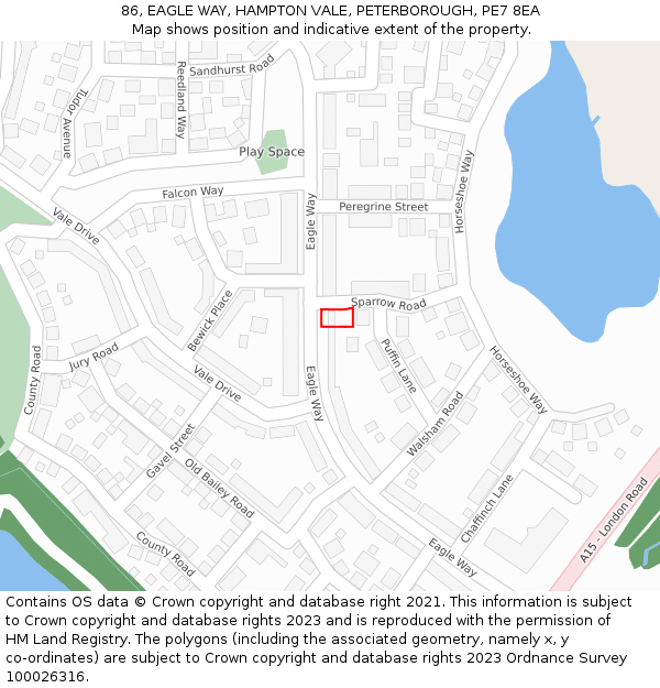 86, EAGLE WAY, HAMPTON VALE, PETERBOROUGH, PE7 8EA: Location map and indicative extent of plot