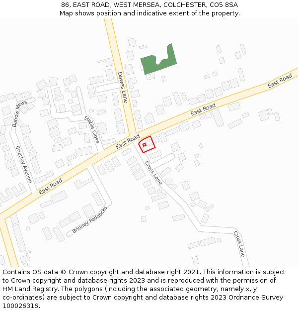 86, EAST ROAD, WEST MERSEA, COLCHESTER, CO5 8SA: Location map and indicative extent of plot