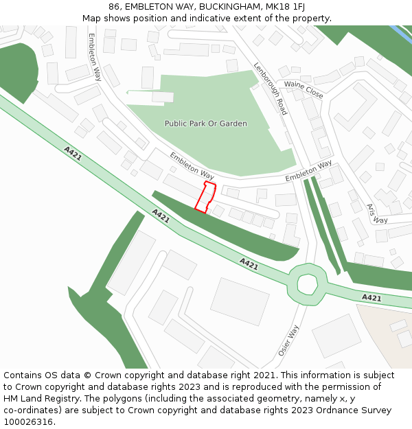 86, EMBLETON WAY, BUCKINGHAM, MK18 1FJ: Location map and indicative extent of plot